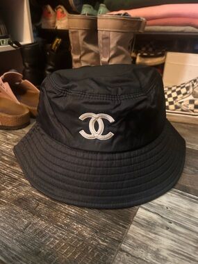 CHANEL Black Bucket Hat with White CC Logo